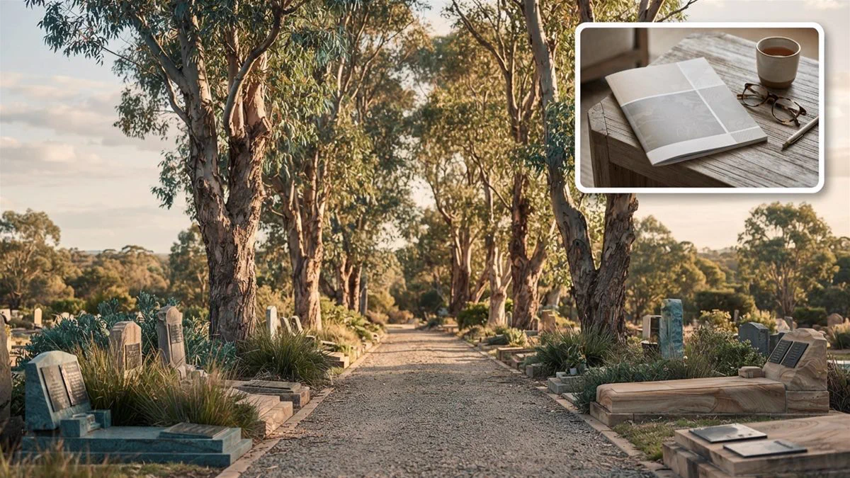 A quiet Australian cemetery avenue lined with gum trees